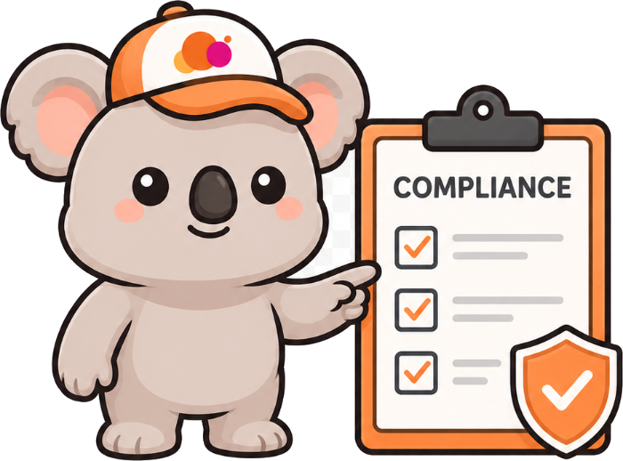 Kip, the Worktopia koala, pointing at a compliance checklist