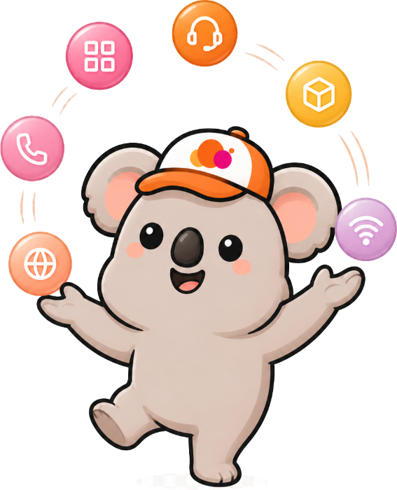 Kip, the Worktopia koala, juggling service icons