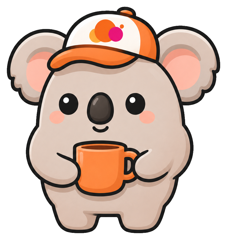 Kip, the Worktopia mascot, holding a coffee