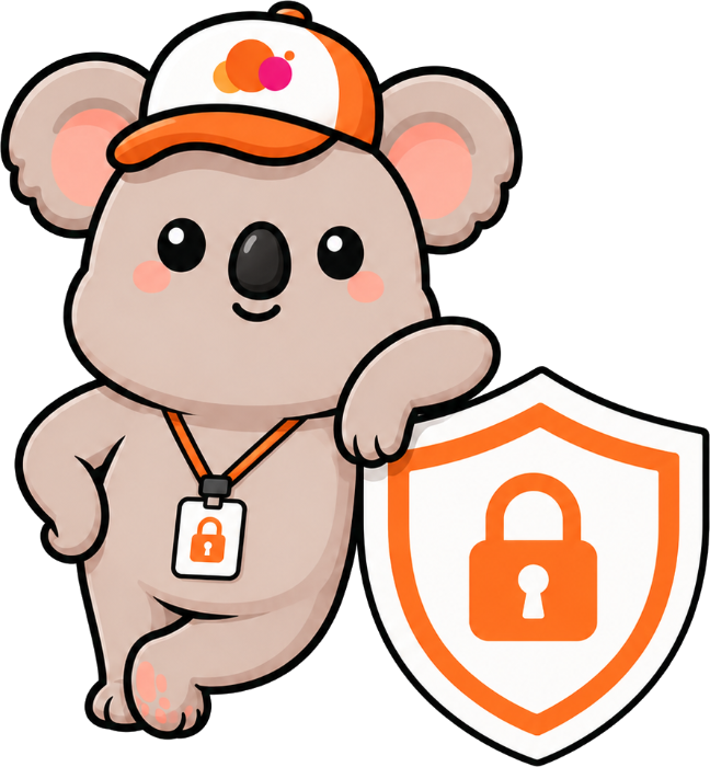 Kip, the Worktopia koala, beside a padlocked shield