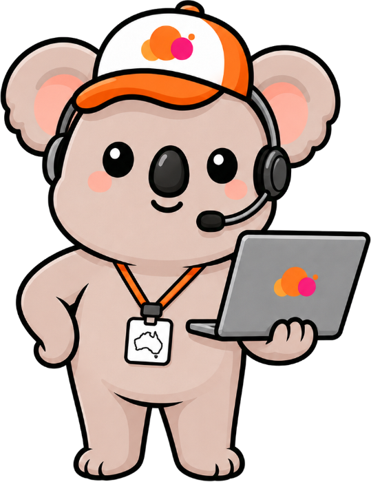 Kip, the Worktopia koala, on a headset with a laptop