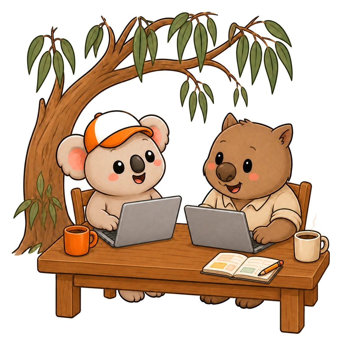 Kip and a wombat working side by side at a shared desk under a gum tree.