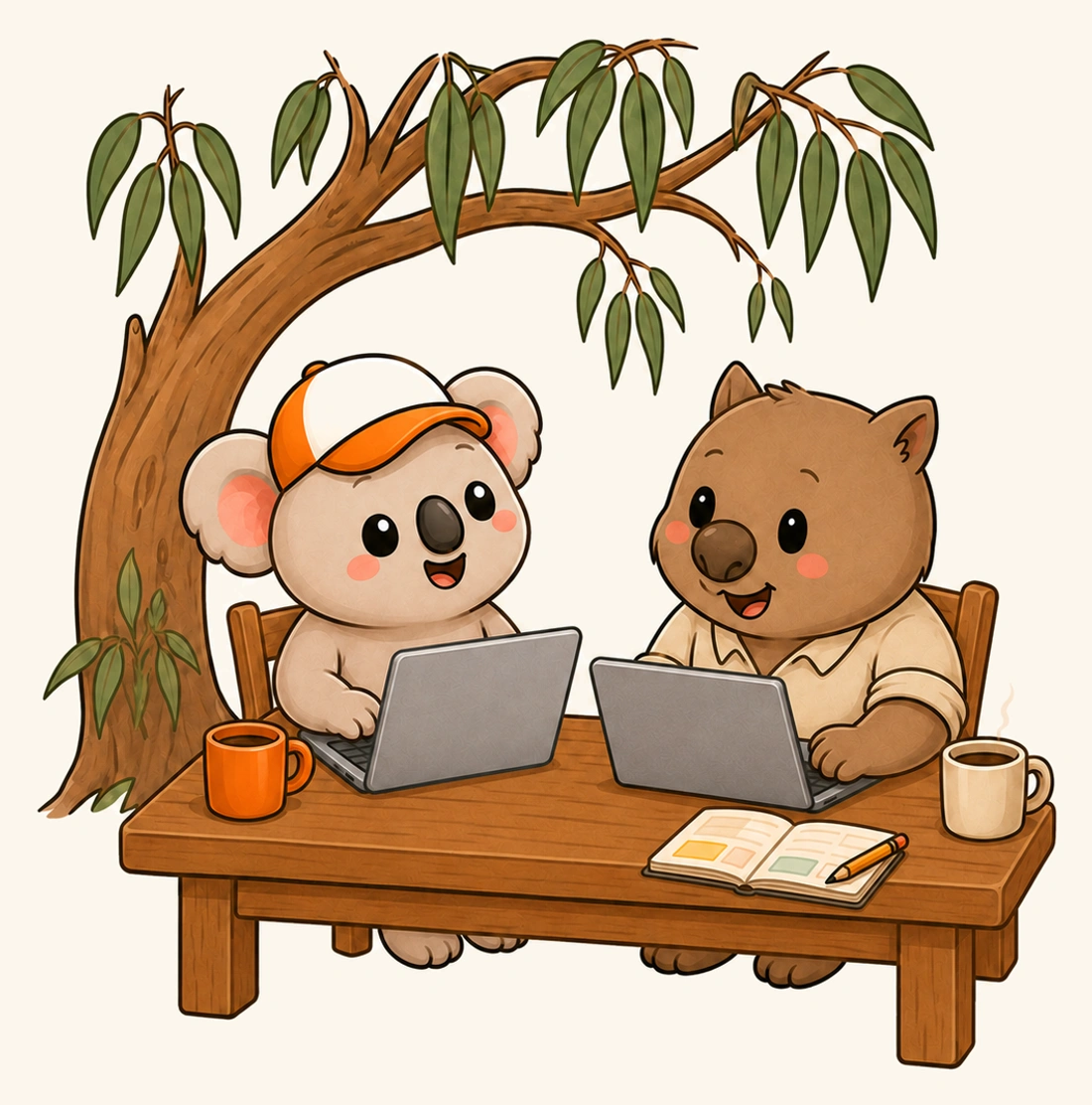 Kip and a wombat working side by side at a shared desk under a gum tree.