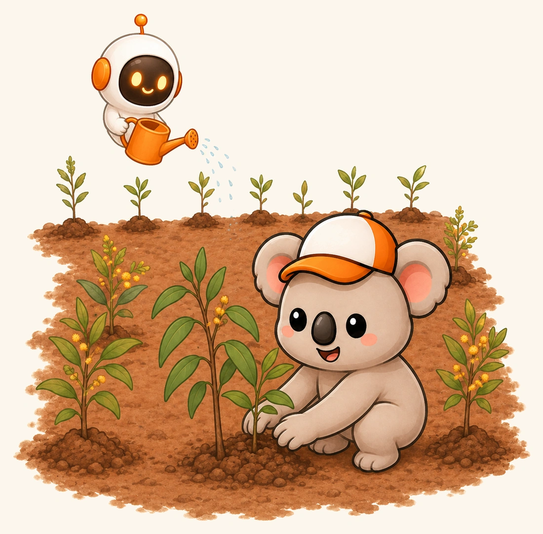 Kip tending a native seedling while a small robot waters the rows behind him.