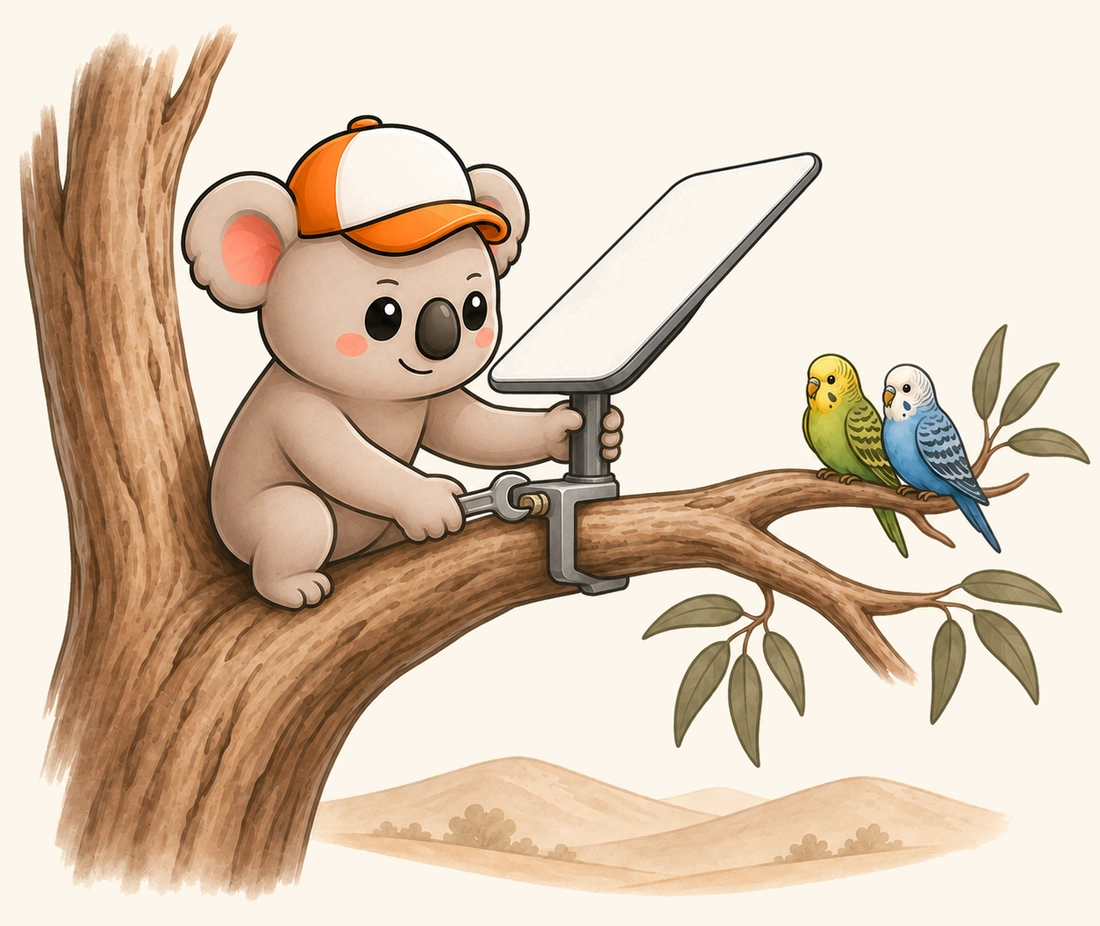 Kip on a gum branch adjusting a small satellite dish, with two budgies watching.