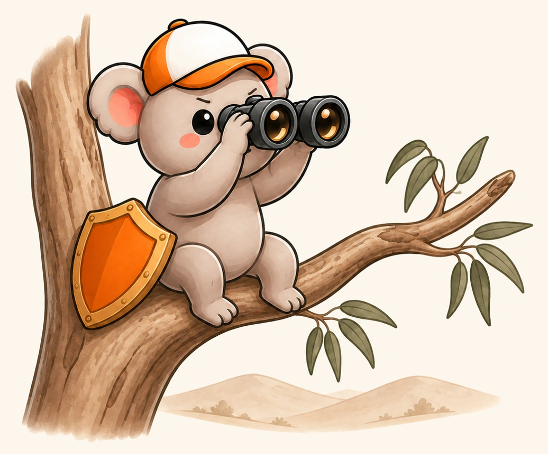 Kip keeping watch from a gum tree with binoculars and a shield.
