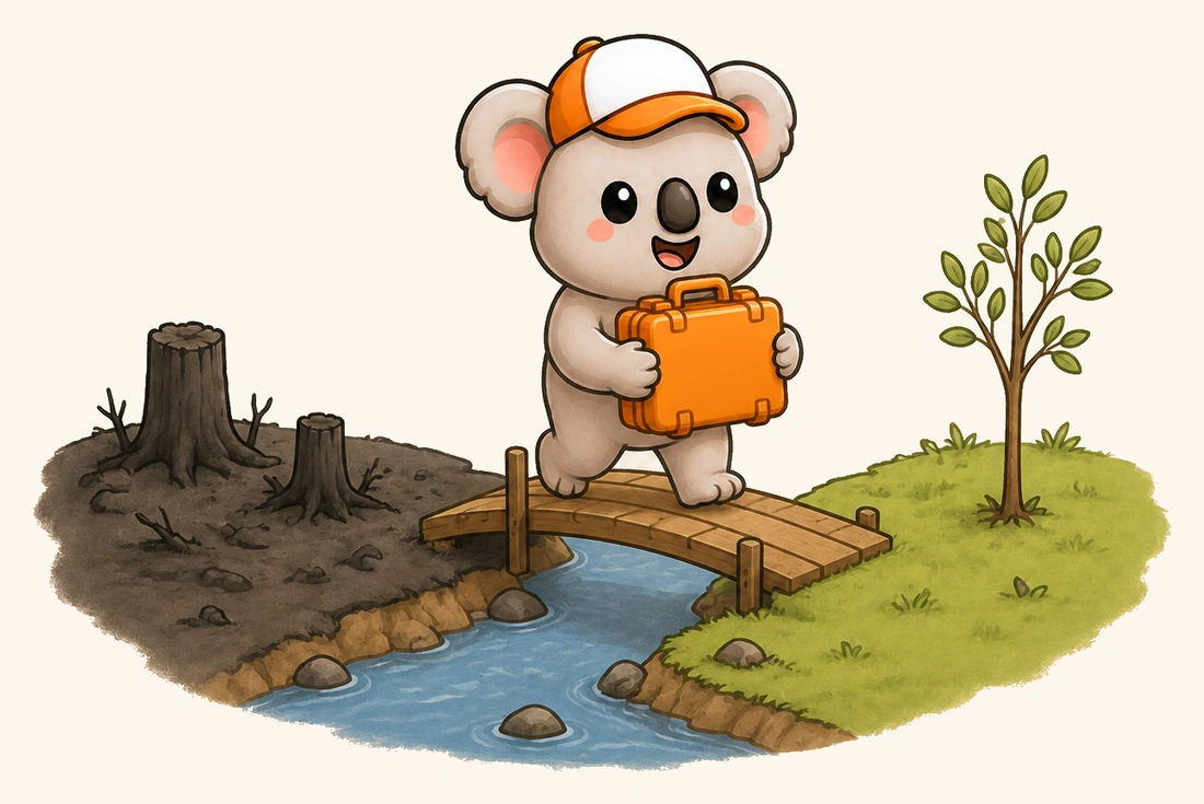 Kip carrying a rescue case across a bridge, from burnt ground back to fresh green growth.