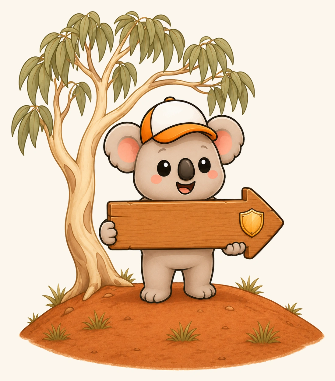 Kip holding a wooden signpost with a shield on it, under a gum tree.