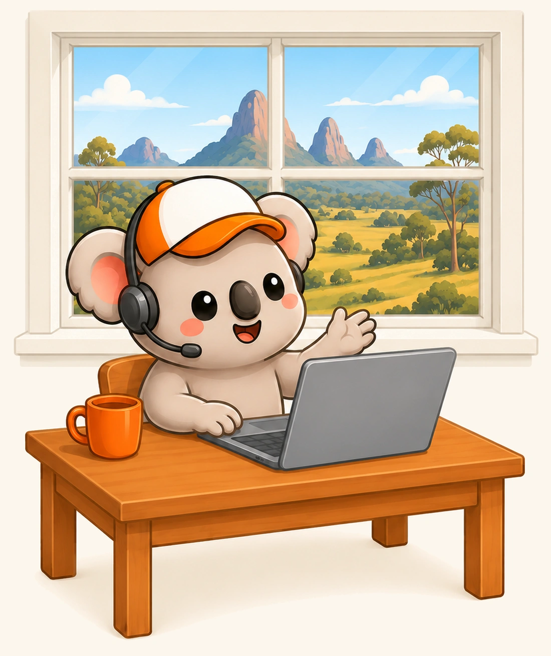 Kip at a laptop wearing a headset, waving, with the Australian bush through the window behind him.
