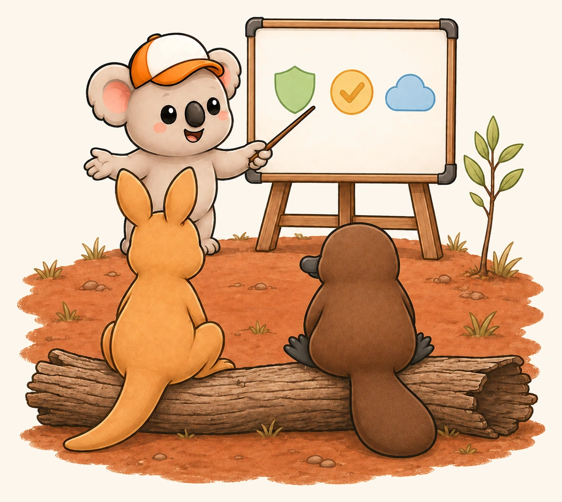 Kip at a whiteboard teaching a kangaroo and a platypus sitting on a log.