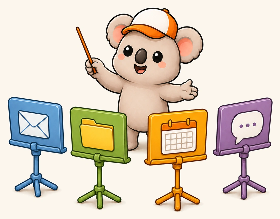 Kip conducting four Microsoft 365 apps on stands: mail, files, calendar and chat.
