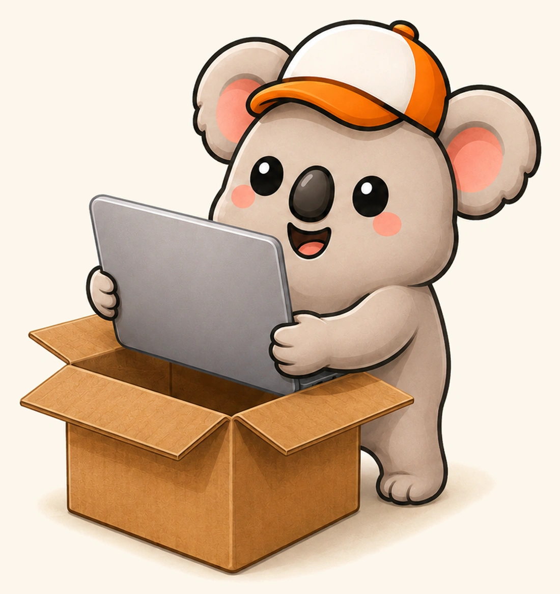 Kip lifting a new laptop out of a shipping box.