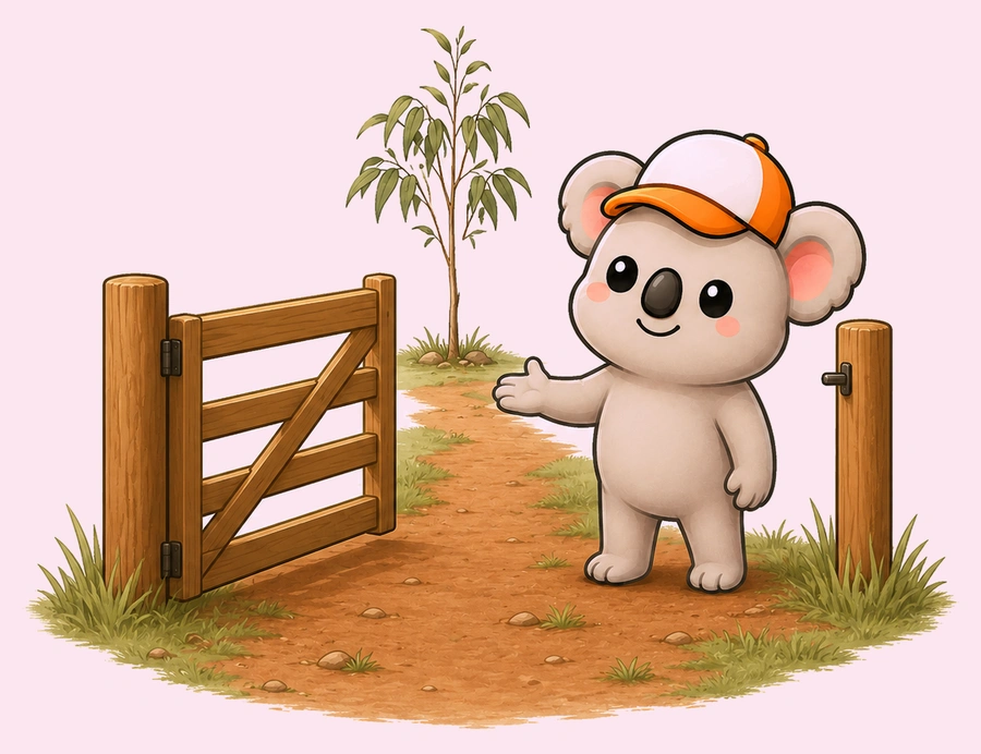 Kip beside an open gate with no fence either side, gesturing along the track.