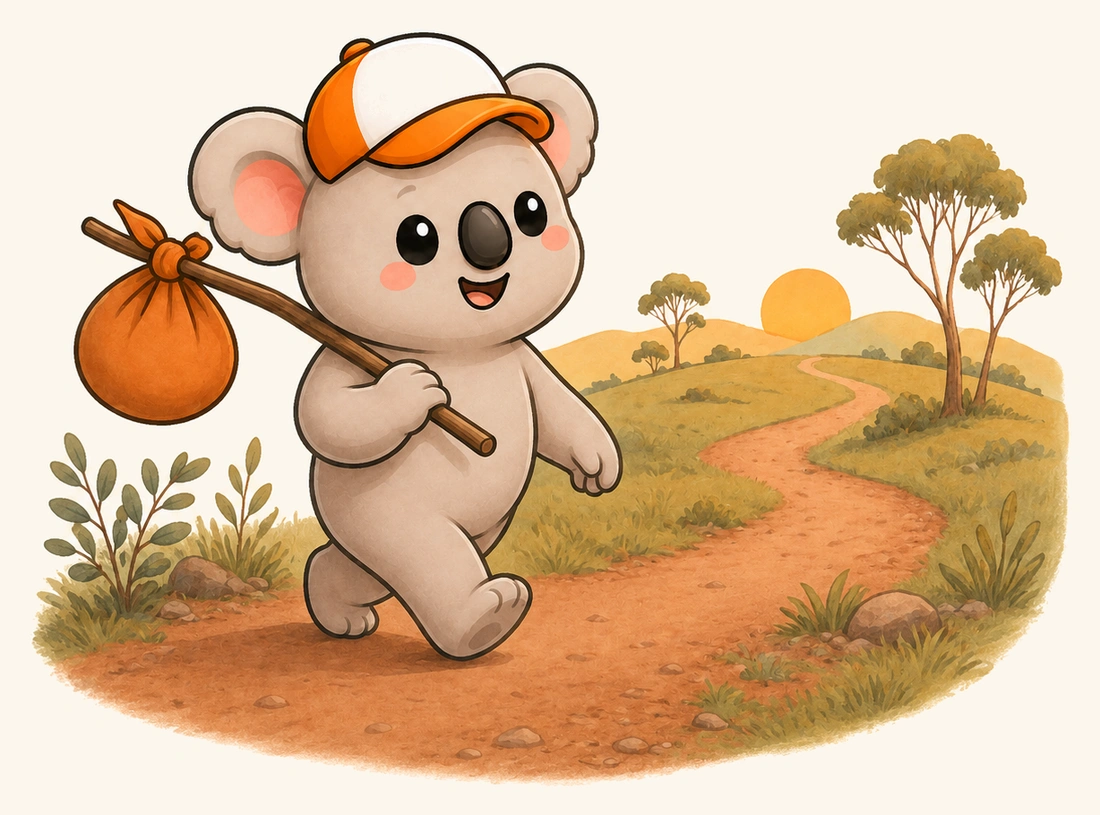 Kip walking a red dirt track with a bundle over his shoulder, heading toward the sunrise.