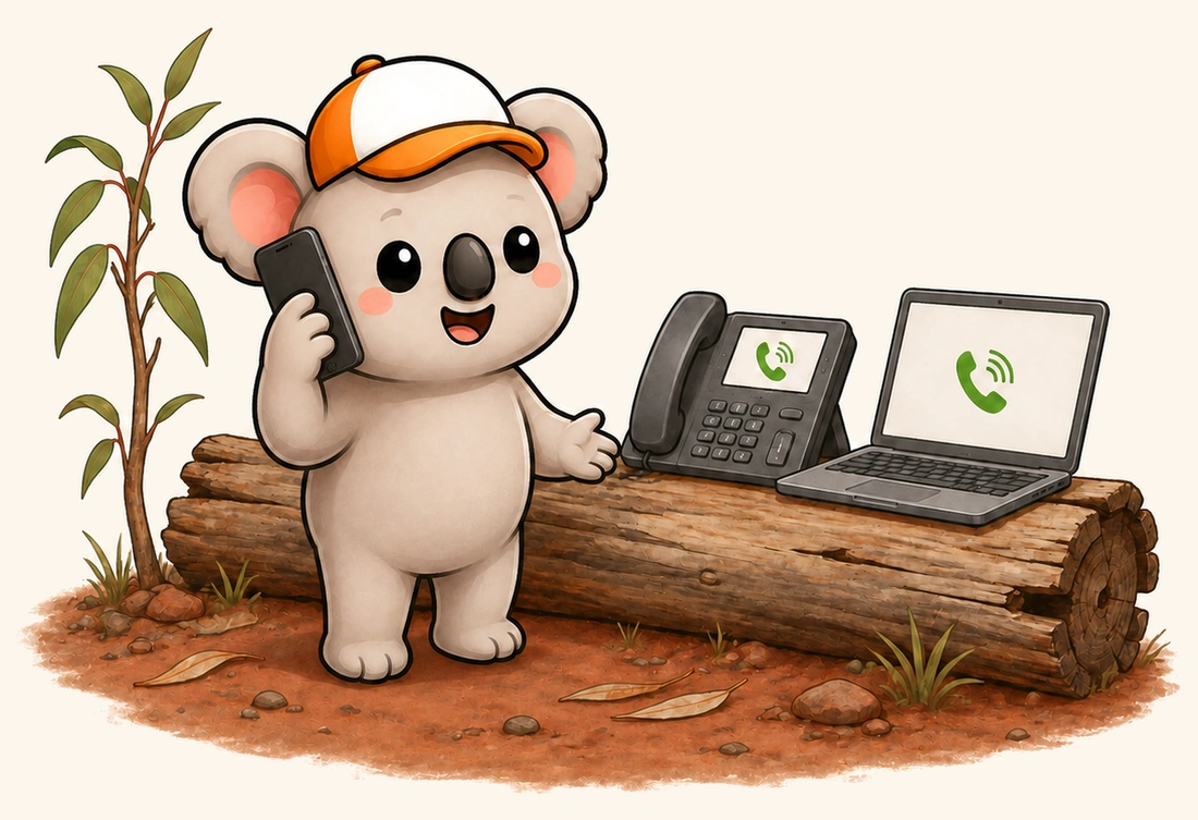 Kip taking a call on a mobile beside a log, where a desk phone and a laptop show the same call.